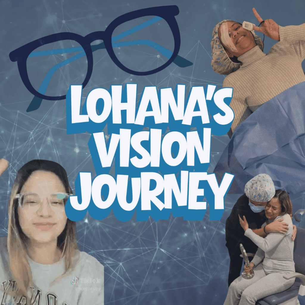 A collage featuring a large pair of eyeglasses at the top, bold text in the center, a smiling woman waving on the left, the same woman lying on a medical bed with an eye shield and giving a peace sign at the top right, and at the bottom right, the woman hugging a technician while sitting in a clinic, all set against a blue, network-patterned background.