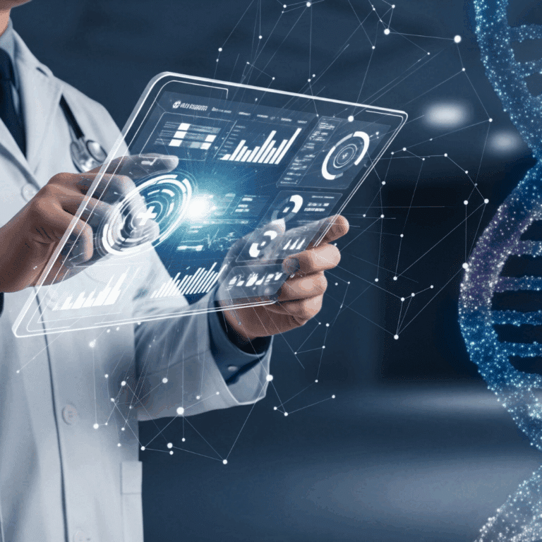 A doctor in a white coat uses a futuristic transparent touchscreen tablet displaying medical charts, graphs, and health data. In the background, a digital DNA double helix and network connections emphasize advanced technology and healthcare innovation.