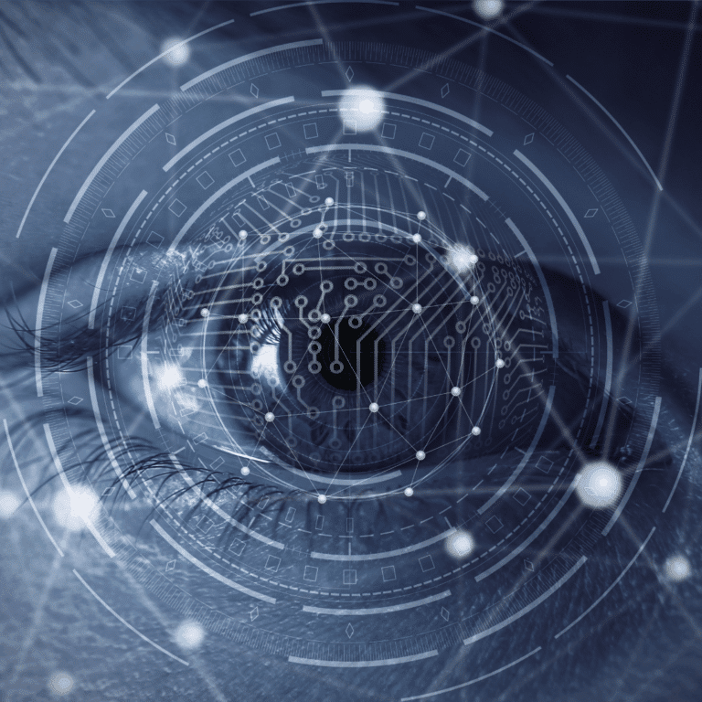 A close-up of a human eye with digital circuit patterns and futuristic interface graphics overlaying the iris, representing advanced vision correction technology or innovation in eye care.