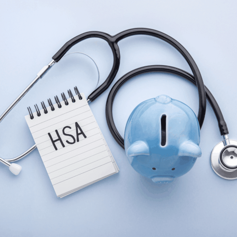 A blue piggy bank, a stethoscope, and a notepad with "HSA" written on it, arranged on a light blue background.