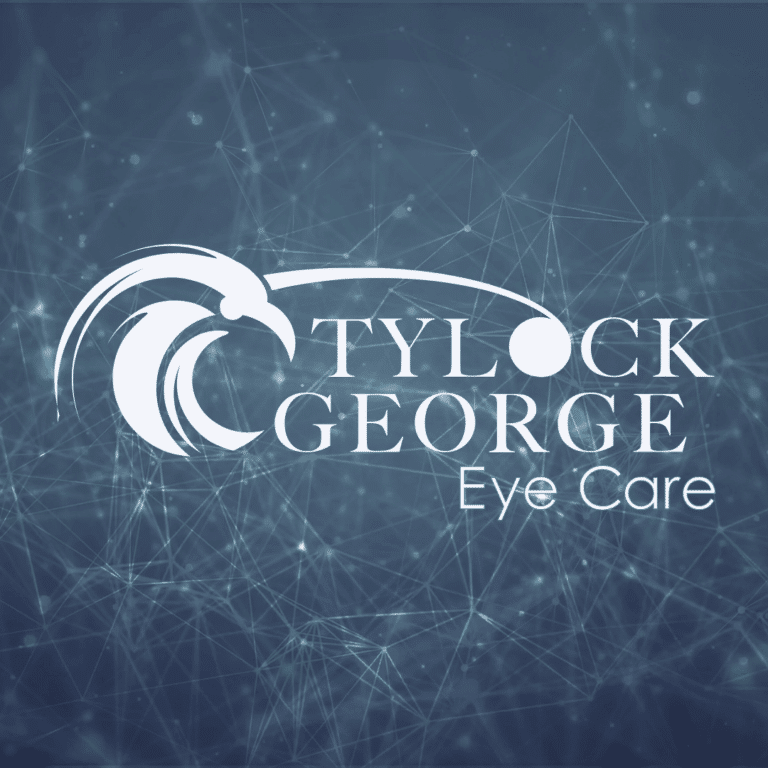 Logo for Tylock George Eye Care featuring a stylized eagle design and an abstract arc above the company name, set against a blue background with a network pattern.