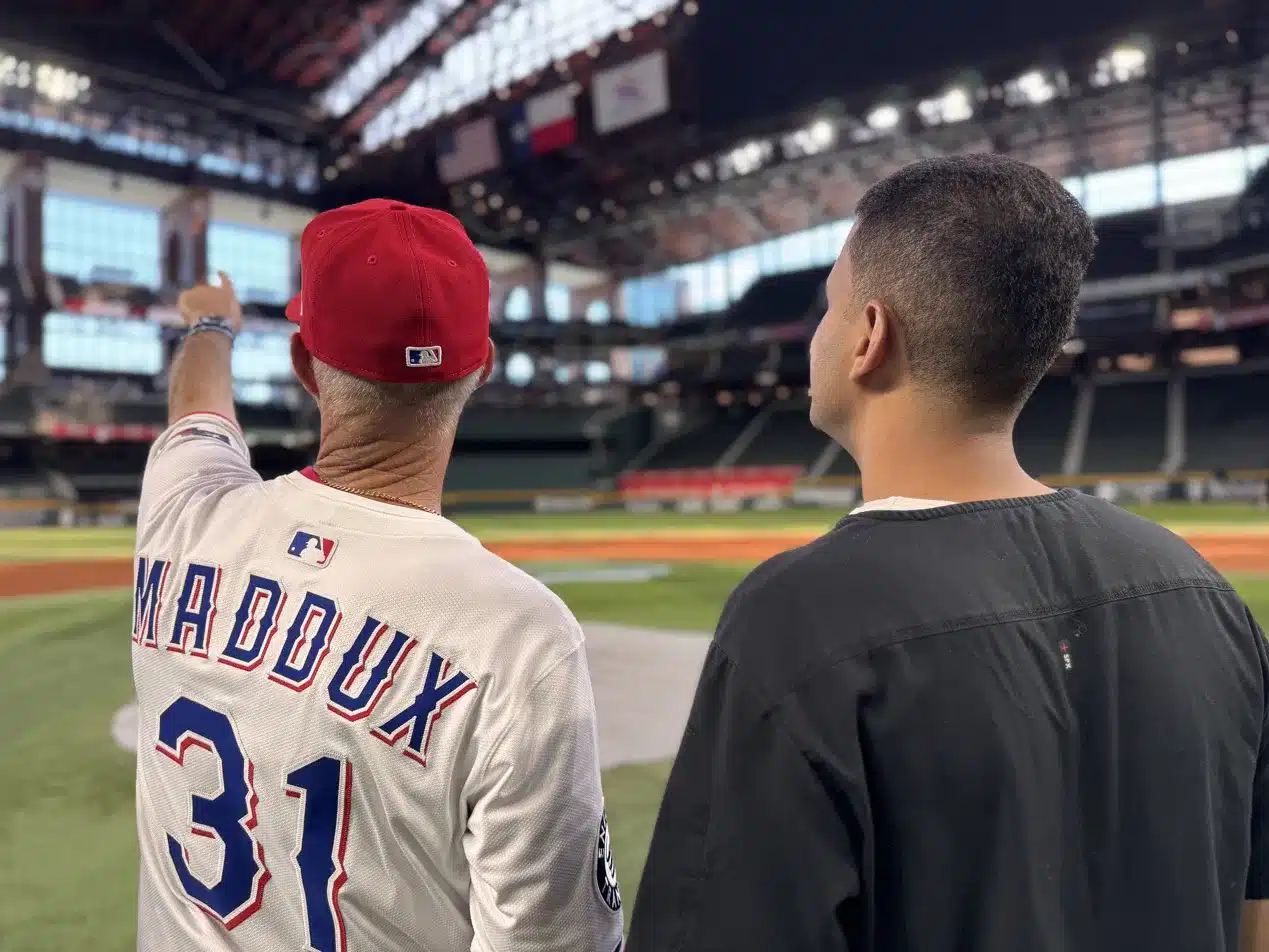 Mike Maddux in Texas Rangers jersey at Globe Life Field